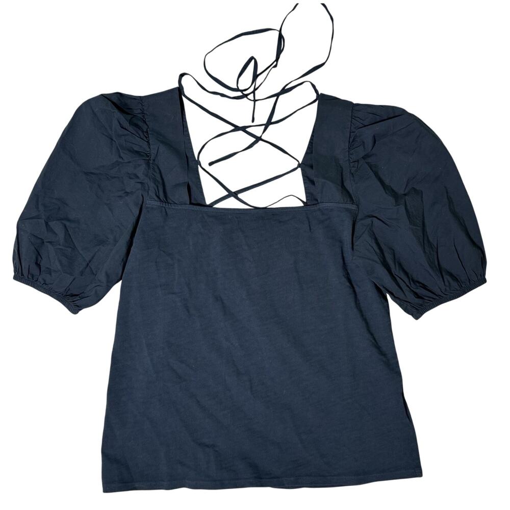 New Nation Ltd. Blue Square Neck Laced Back Blouse XL Peru Anthropologie